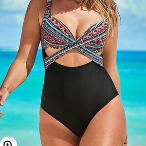 NWT Swimsuits For All Black and Multicolor Criss cross One Piece